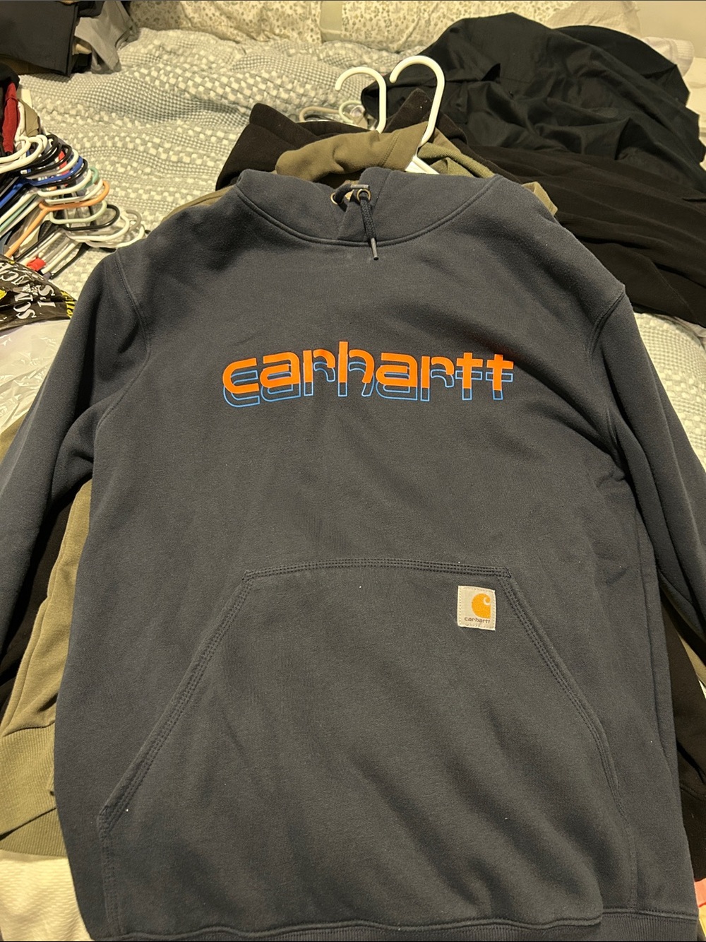 Carhartt Navy Pullover Hoodie with Orange and Blue Logo